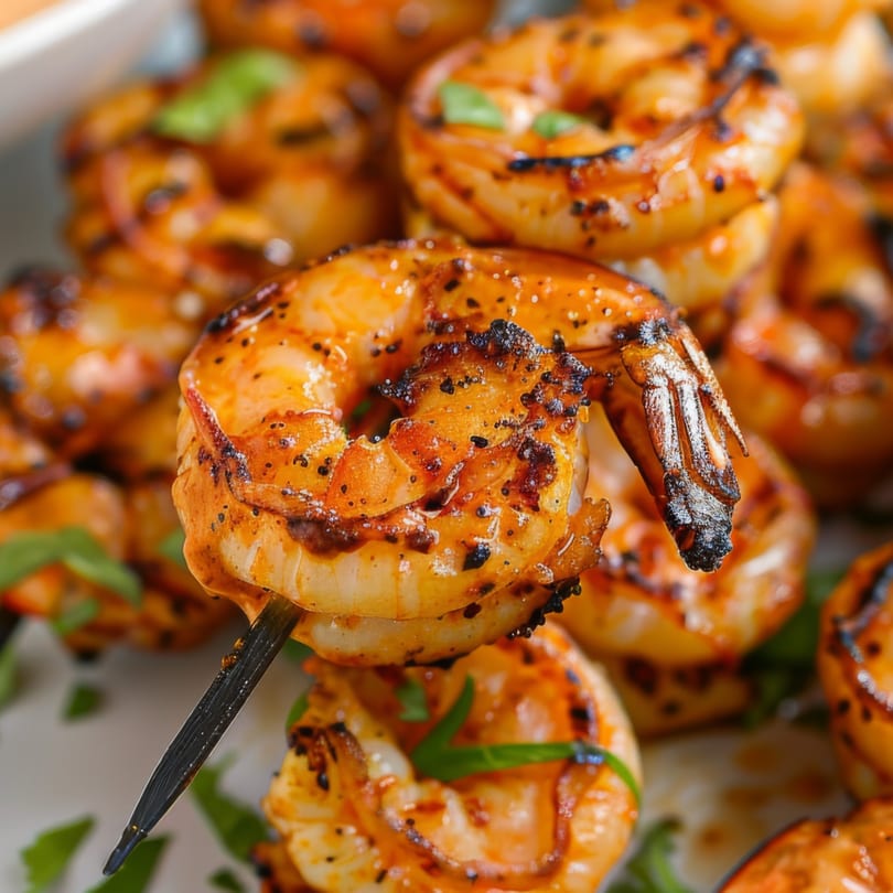 Close-up of grilled shrimp skewers with a spicy glaze and fresh green herbs, ready to eat.