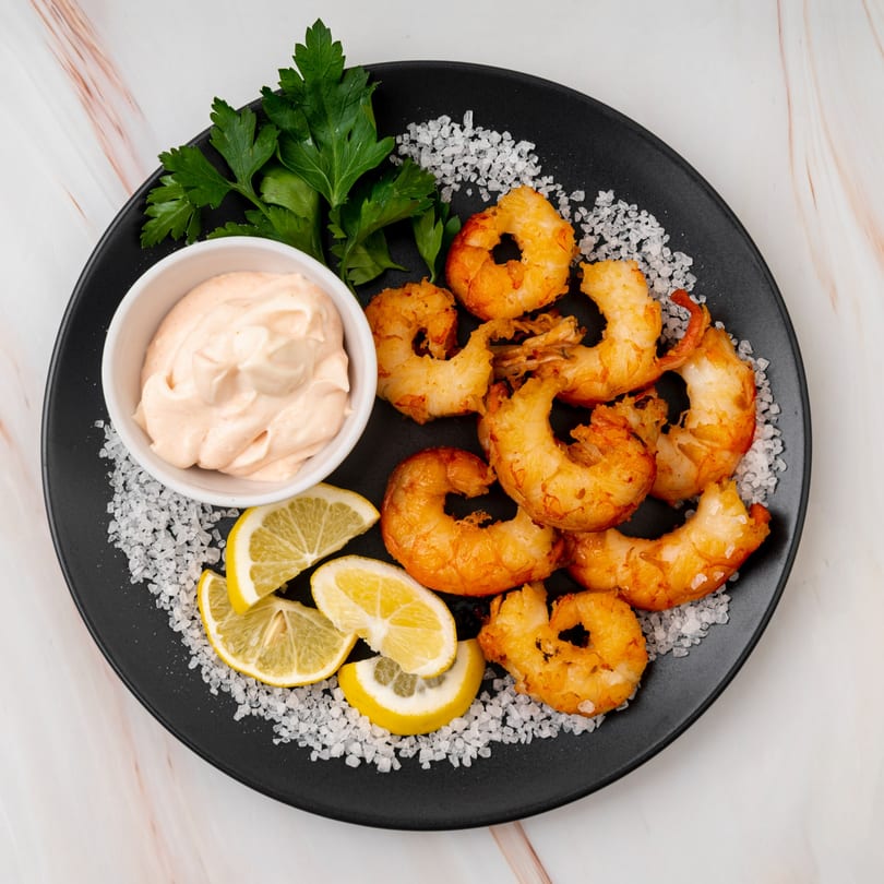 Crispy fried shrimp with lemon wedges, parsley, and a side of dipping sauce on a black plate.