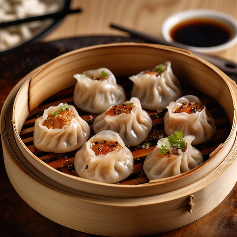 Steaming bamboo basket filled with six delicate Chinese dumplings, garnished with sesame seeds and herbs.